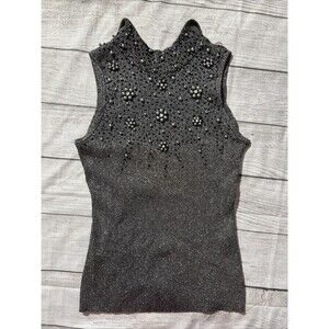 Cache Tank Top Ribbed Sweater Knit Metallic Rhinestone Beaded Pearl MockNeck